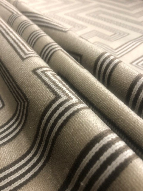 Flame Retardant Cut Velvet Ivory & brown striped block on beige Upholstery Fabric