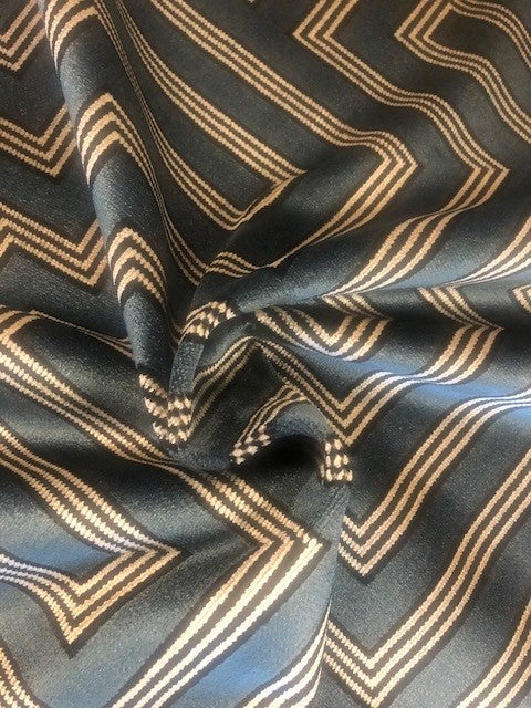 Flame Retardant Cut Velvet Black & silver striped block on teal  Upholstery Fabric