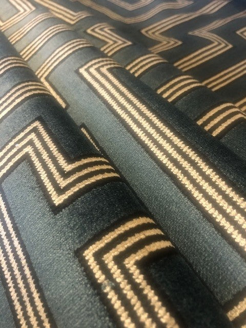 Flame Retardant Cut Velvet Black & silver striped block on teal  Upholstery Fabric