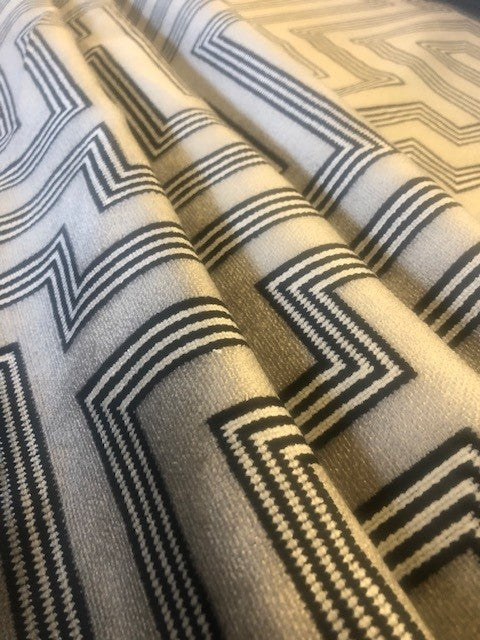 Flame Retardant Cut Velvet Black & ivory striped block on pale grey Upholstery Fabric