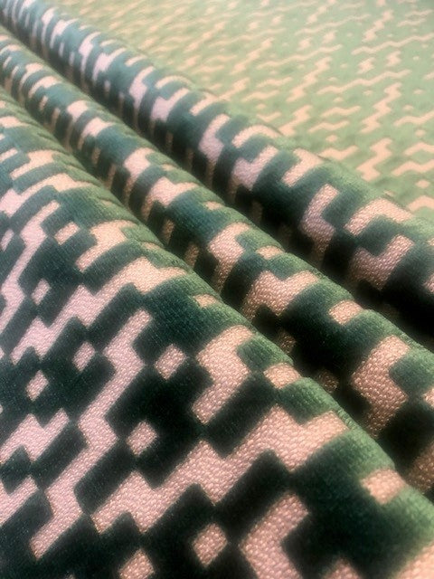 Flame Retardant Cut Velvet Green Geometric Upholstery Fabric