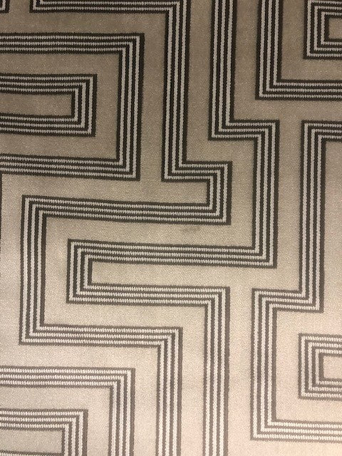 Flame Retardant Cut Velvet Ivory & brown striped block on beige Upholstery Fabric
