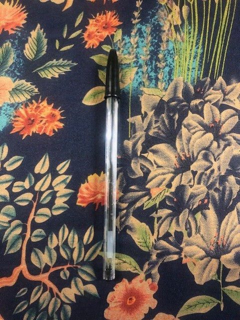 Flower & Leaf Print on Navy Satin