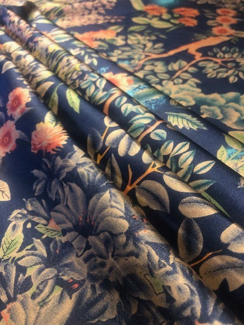 Flower & Leaf Print on Navy Satin