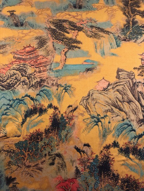 Pagoda & Landscape Oriental Print on Satin