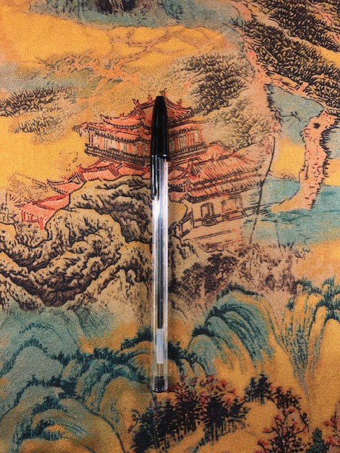 Pagoda & Landscape Oriental Print on Satin