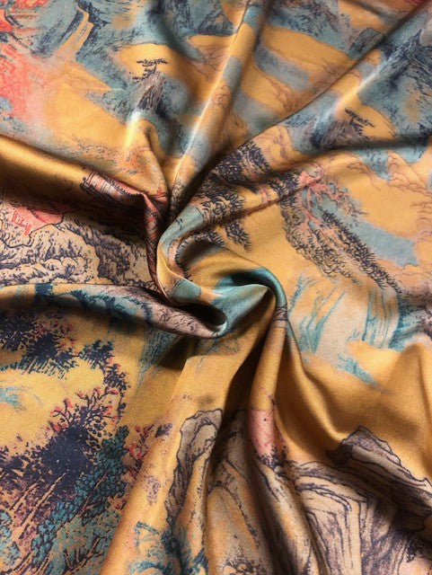 Pagoda & Landscape Oriental Print on Satin