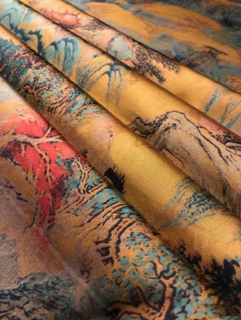 Pagoda & Landscape Oriental Print on Satin