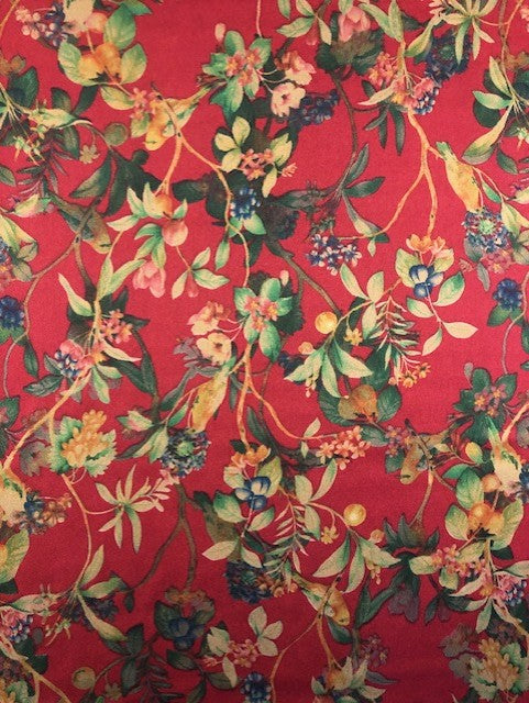 Flower & Leaf Print on Red Satin