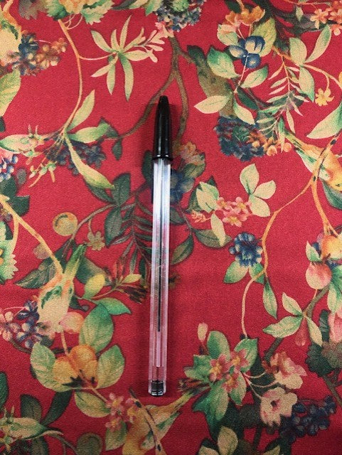 Flower & Leaf Print on Red Satin