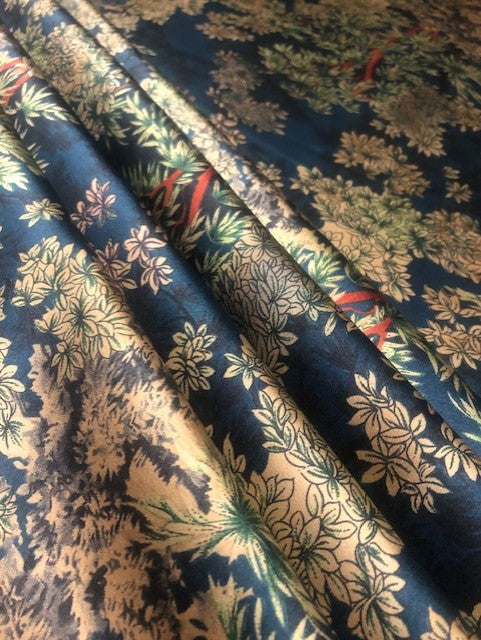 Tree & Leaf Print on Navy Satin