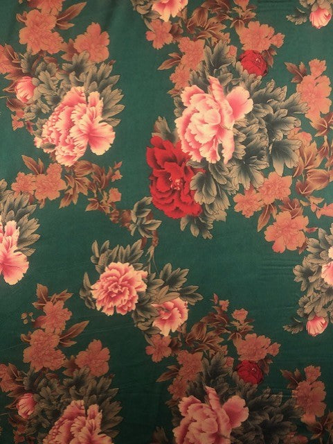 Flower Print on Green Satin