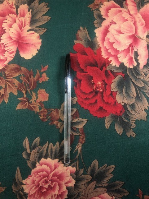 Flower Print on Green Satin