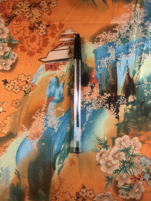 Chinoiserie Landscape & Flower Print on Orange Satin