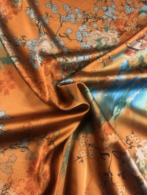 Chinoiserie Landscape & Flower Print on Orange Satin