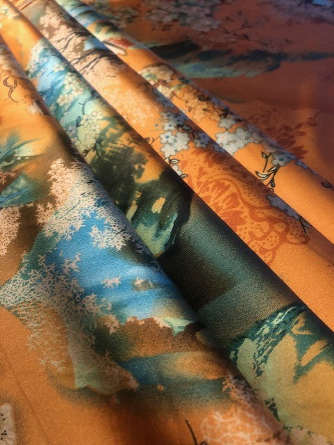 Chinoiserie Landscape & Flower Print on Orange Satin