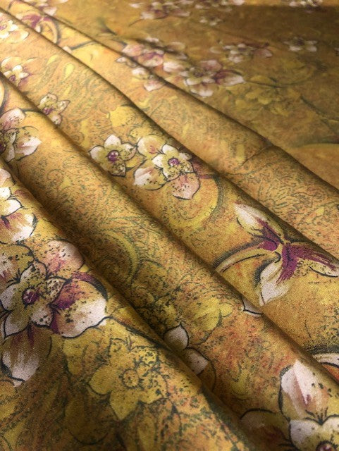 Chinoiserie Flower Print on Gold Satin