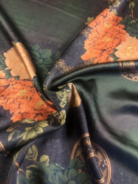 Oriental Style Flower Print on Satin
