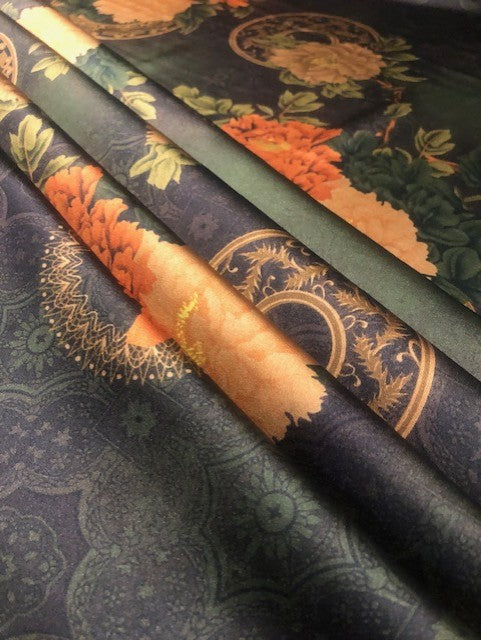 Oriental Style Flower Print on Satin