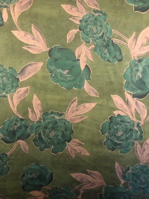Flower & Leaf Print on Green Satin