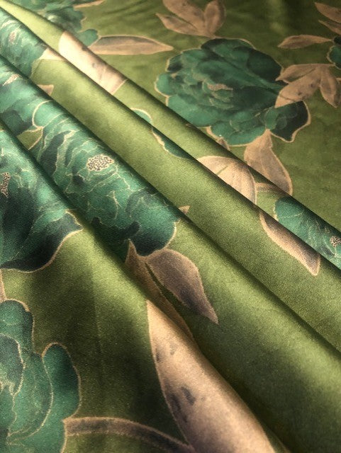 Flower & Leaf Print on Green Satin