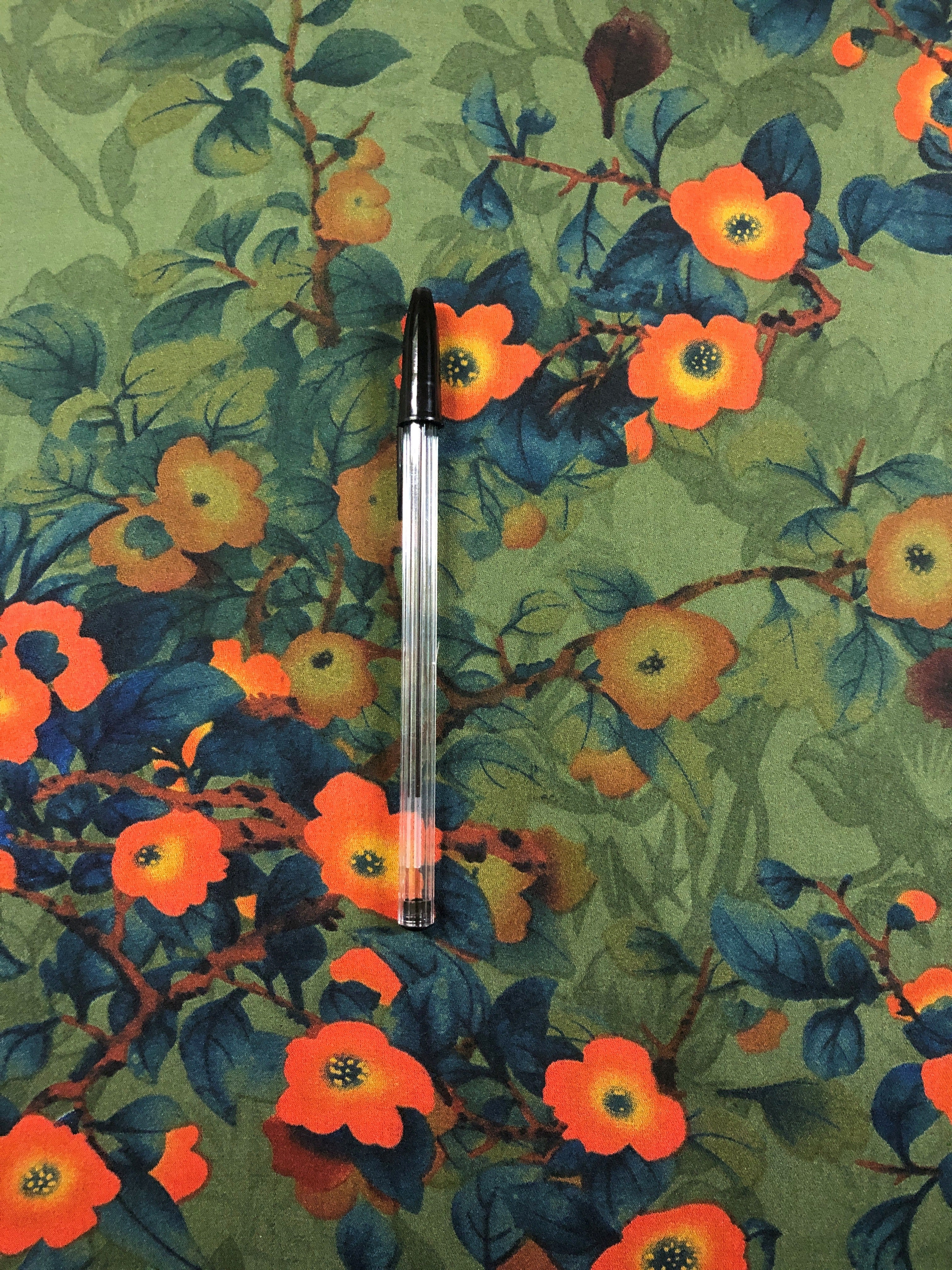 Orange Flowers & Leaf Print on Green Satin