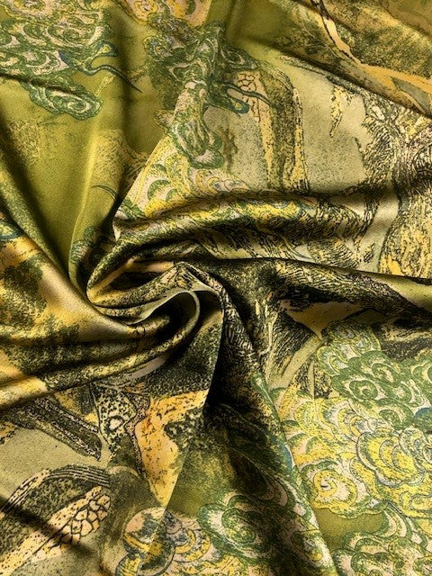 Abstract Green Chinoiserie Print on Green Satin