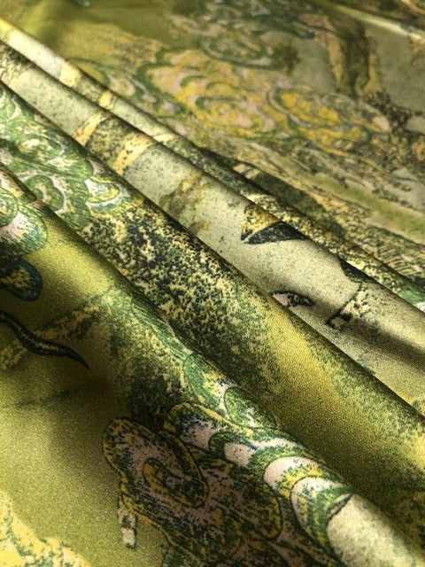 Abstract Green Chinoiserie Print on Green Satin