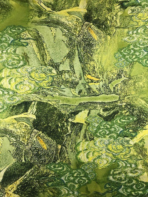 Abstract Green Chinoiserie Print on Green Satin
