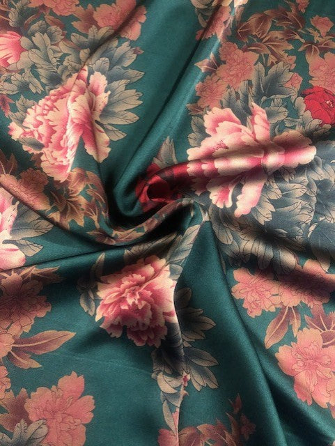Flower Print on Green Satin