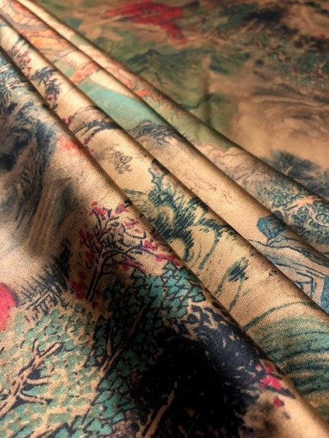Pagoda & Landscape Oriental Style Print on Satin
