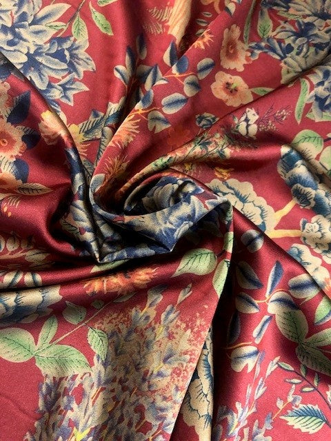 Floral Print on Red Satin