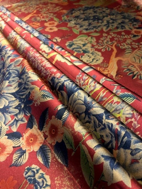 Floral Print on Red Satin