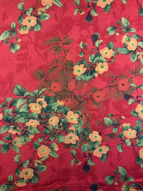 Orange Flower & Green Leaf Print on Red Satin