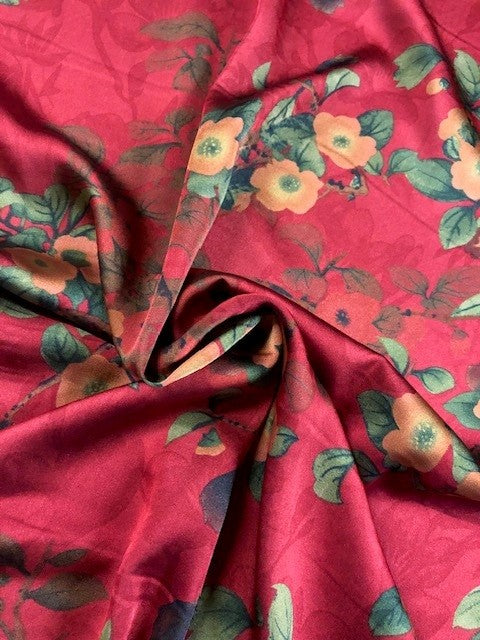 Orange Flower & Green Leaf Print on Red Satin