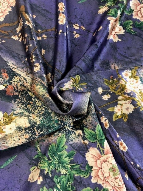 Floral Chinoiserie Print on Purple Satin