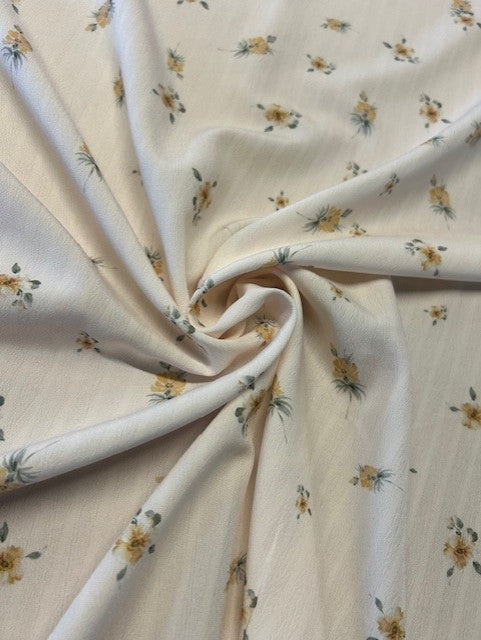 Mustard & Grey Floral Polyester Fabric on Cream Textured Base – Lightweight Fashion