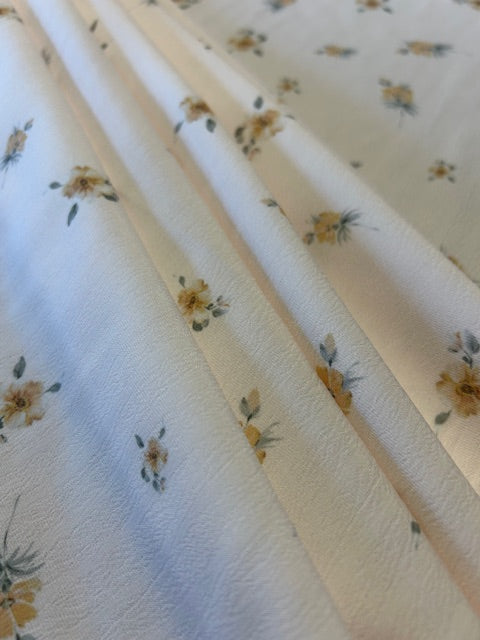 Mustard & Grey Floral Polyester Fabric on Cream Textured Base – Lightweight Fashion