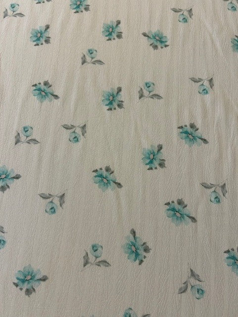 Turquoise & Grey Floral Polyester Fabric on Ivory Textured Base – Lightweight Fashion