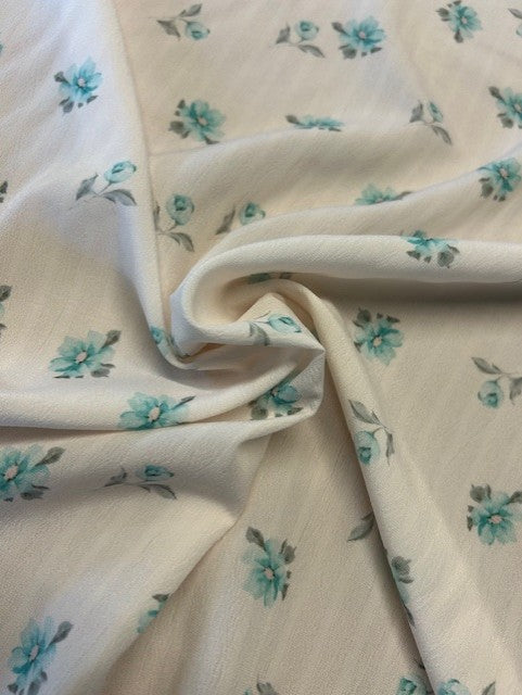 Turquoise & Grey Floral Polyester Fabric on Ivory Textured Base – Lightweight Fashion