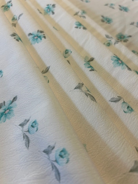 Turquoise & Grey Floral Polyester Fabric on Ivory Textured Base – Lightweight Fashion