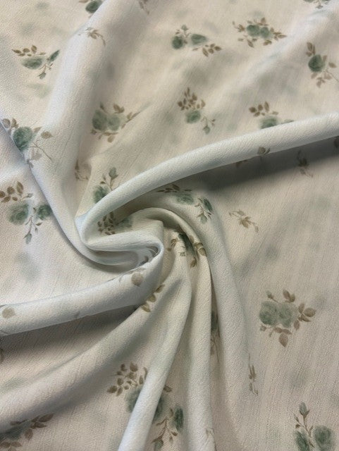 Sage & Taupe Floral Polyester Fabric on Ivory Textured Base – Lightweight Fashion