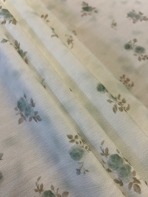 Sage & Taupe Floral Polyester Fabric on Ivory Textured Base – Lightweight Fashion