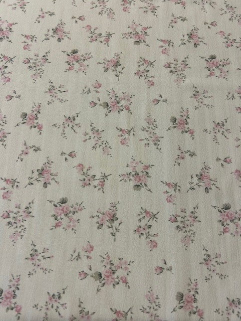 Pink & Grey Floral Polyester Fabric on Champagne Textured Base – Lightweight Fashion
