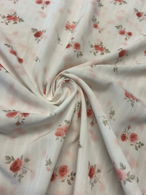 Rose Pink & Grey Floral Polyester Fabric on Ivory Textured Base – Lightweight Dress Fabric