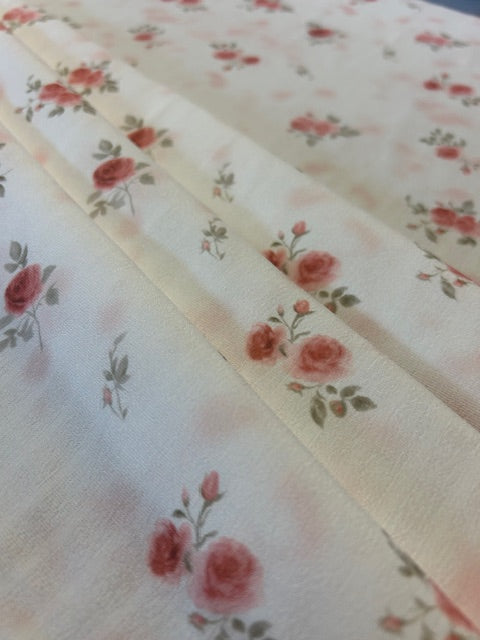 Rose Pink & Grey Floral Polyester Fabric on Ivory Textured Base – Lightweight Dress Fabric
