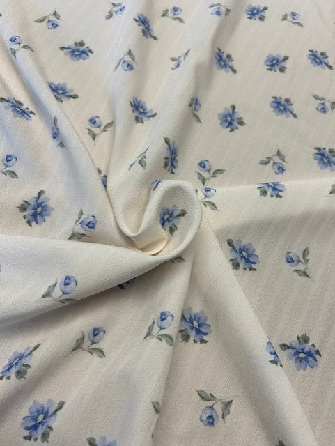 Blue & Pale Green Floral Crinkle Polyester Fabric – Ivory Base