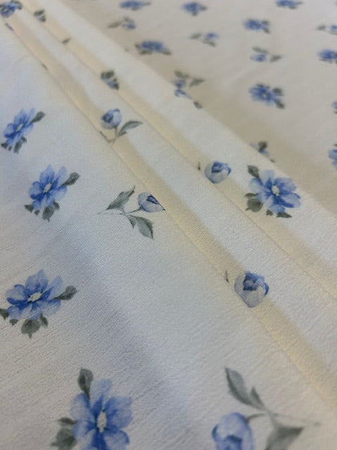 Blue & Pale Green Floral Crinkle Polyester Fabric – Ivory Base