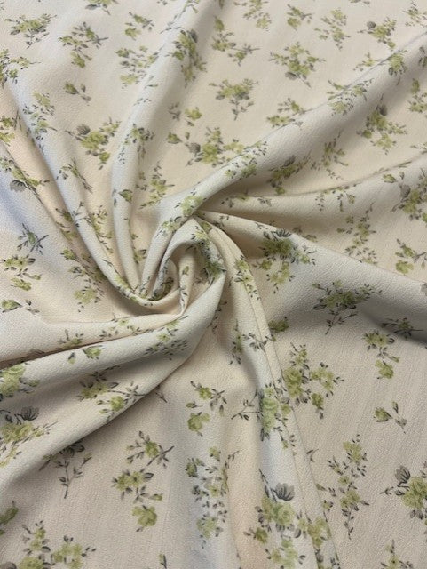 Pistachio & Grey Floral Polyester Fabric – Cream Crinkle Base