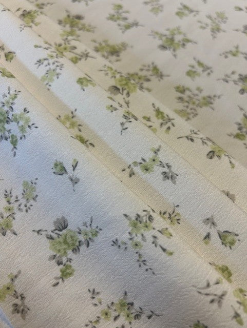 Pistachio & Grey Floral Polyester Fabric – Cream Crinkle Base